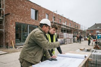 Chef de chantier belge et son collègue examinant des plans architecturaux devant une maison en construction avec façade en briques traditionnelles