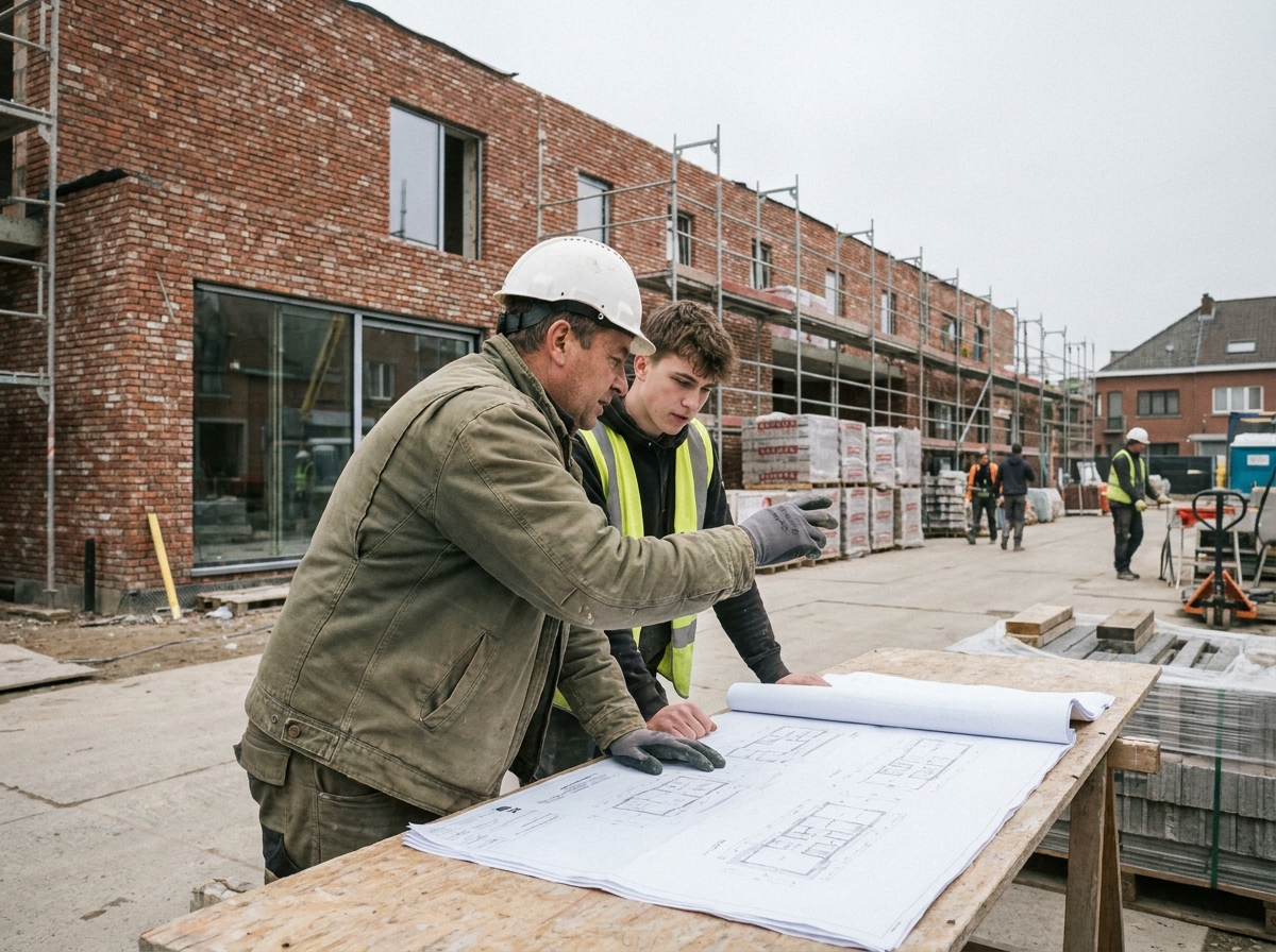 Chef de chantier belge et son collègue examinant des plans architecturaux devant une maison en construction avec façade en briques traditionnelles