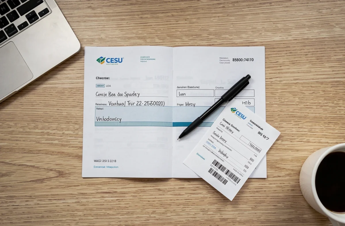 Chéquier CESU ouvert avec chèque rempli et fiche de salaire sur un bureau en bois pour paiement de femme de ménage