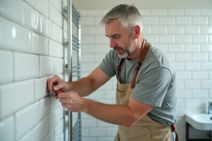 Artisan insérant une cheville nylon dans un carrelage de salle de bain humide