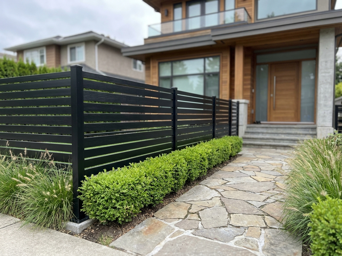 Clôture en aluminium noir moderne installée devant une maison contemporaine avec allée en pierre et haies vertes