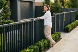 Femme appuyée sur une clôture aluminium anthracite sur mesure devant un jardin soigné avec portail assorti