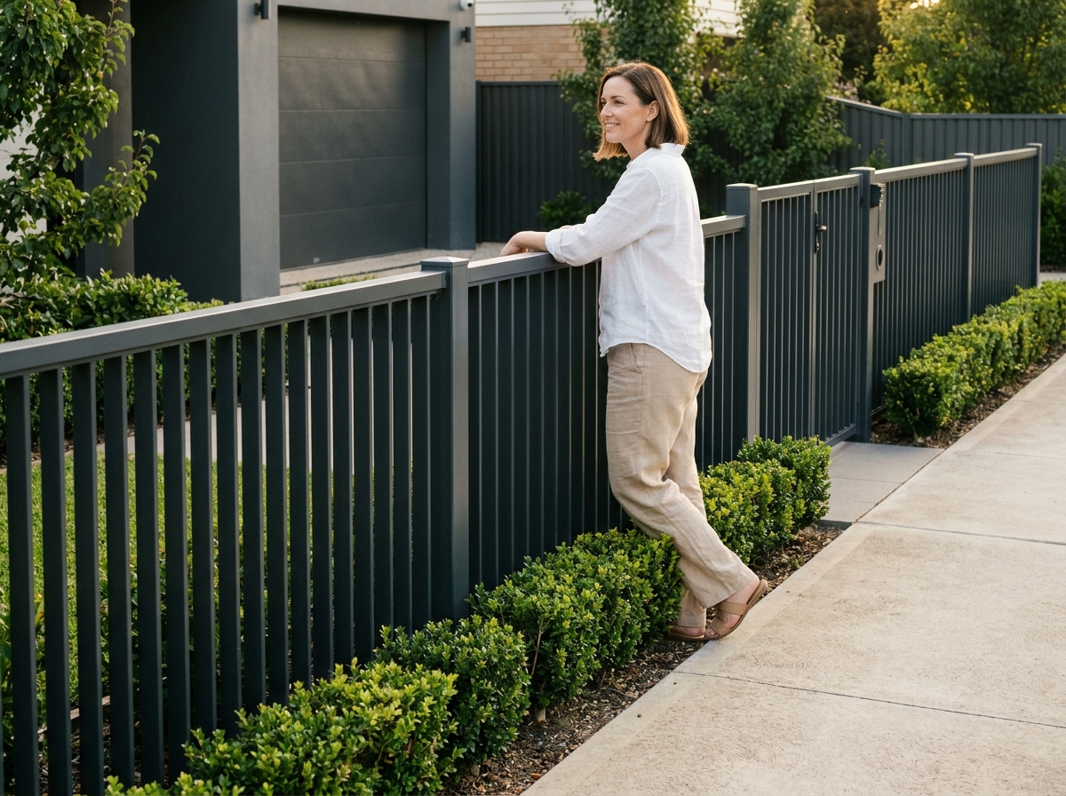 Femme appuyée sur une clôture aluminium anthracite sur mesure devant un jardin soigné avec portail assorti