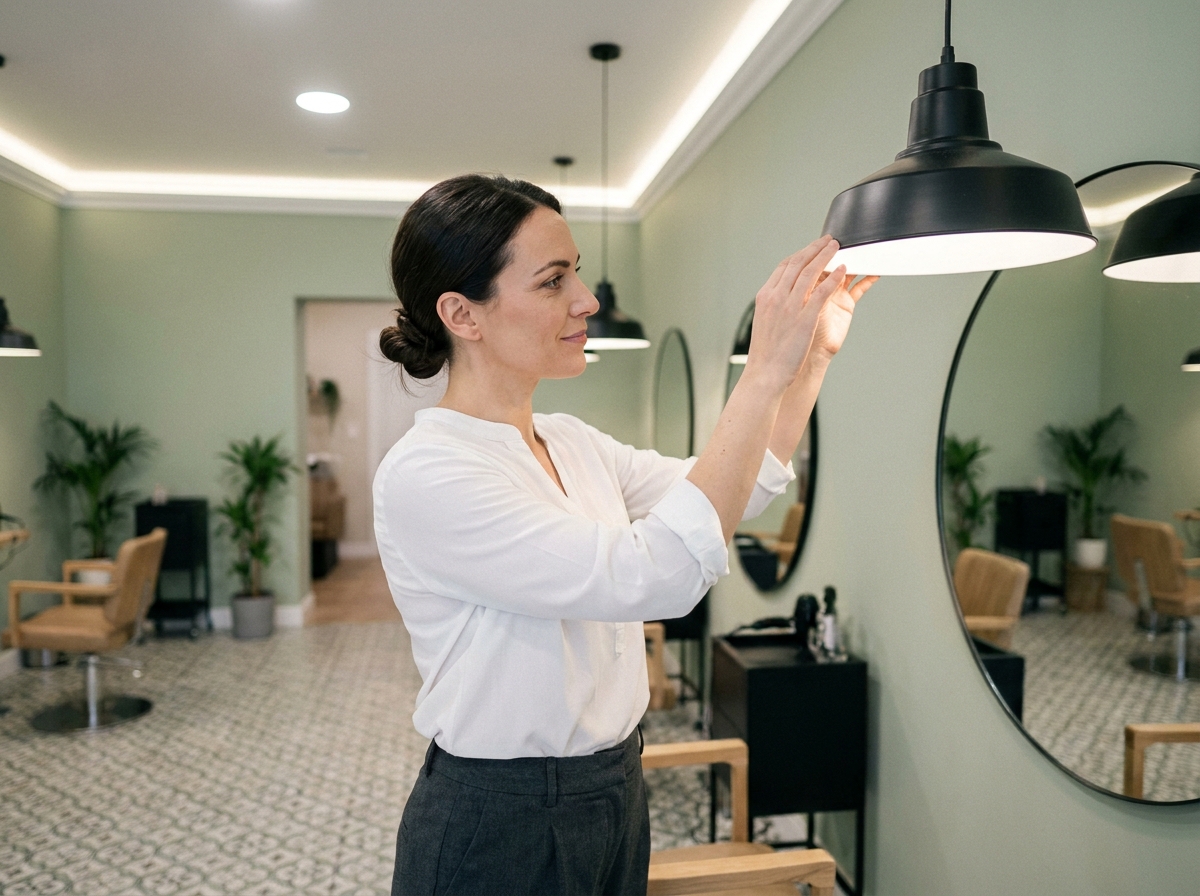 Coiffeuse ajustant une lampe design dans un salon de coiffure rénové aux murs vert sauge