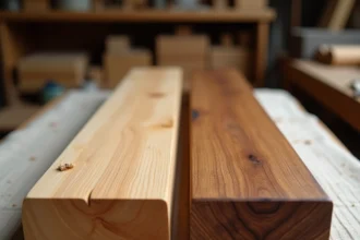 Comparaison côte à côte d'un échantillon de chêne européen et de bois exotique teck, détail de la texture et du grain naturel du bois