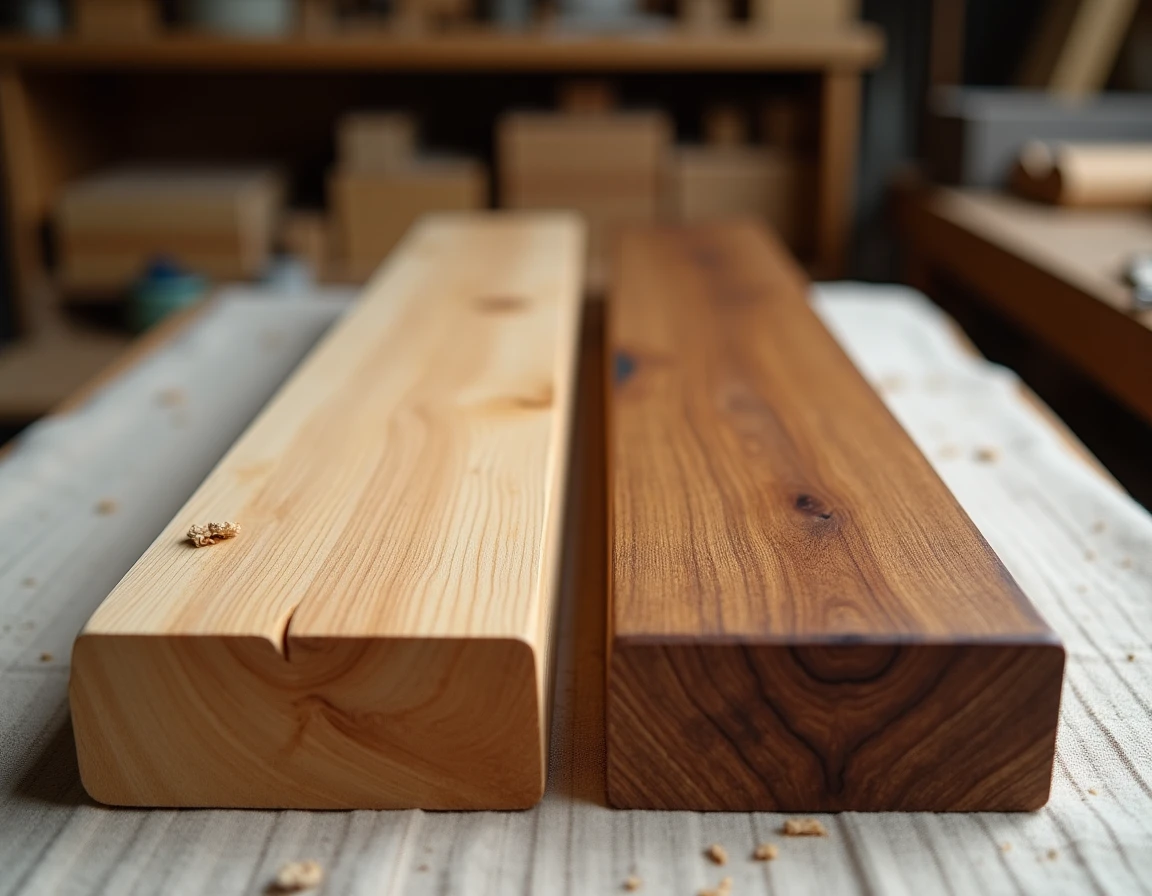 Comparaison côte à côte d'un échantillon de chêne européen et de bois exotique teck, détail de la texture et du grain naturel du bois