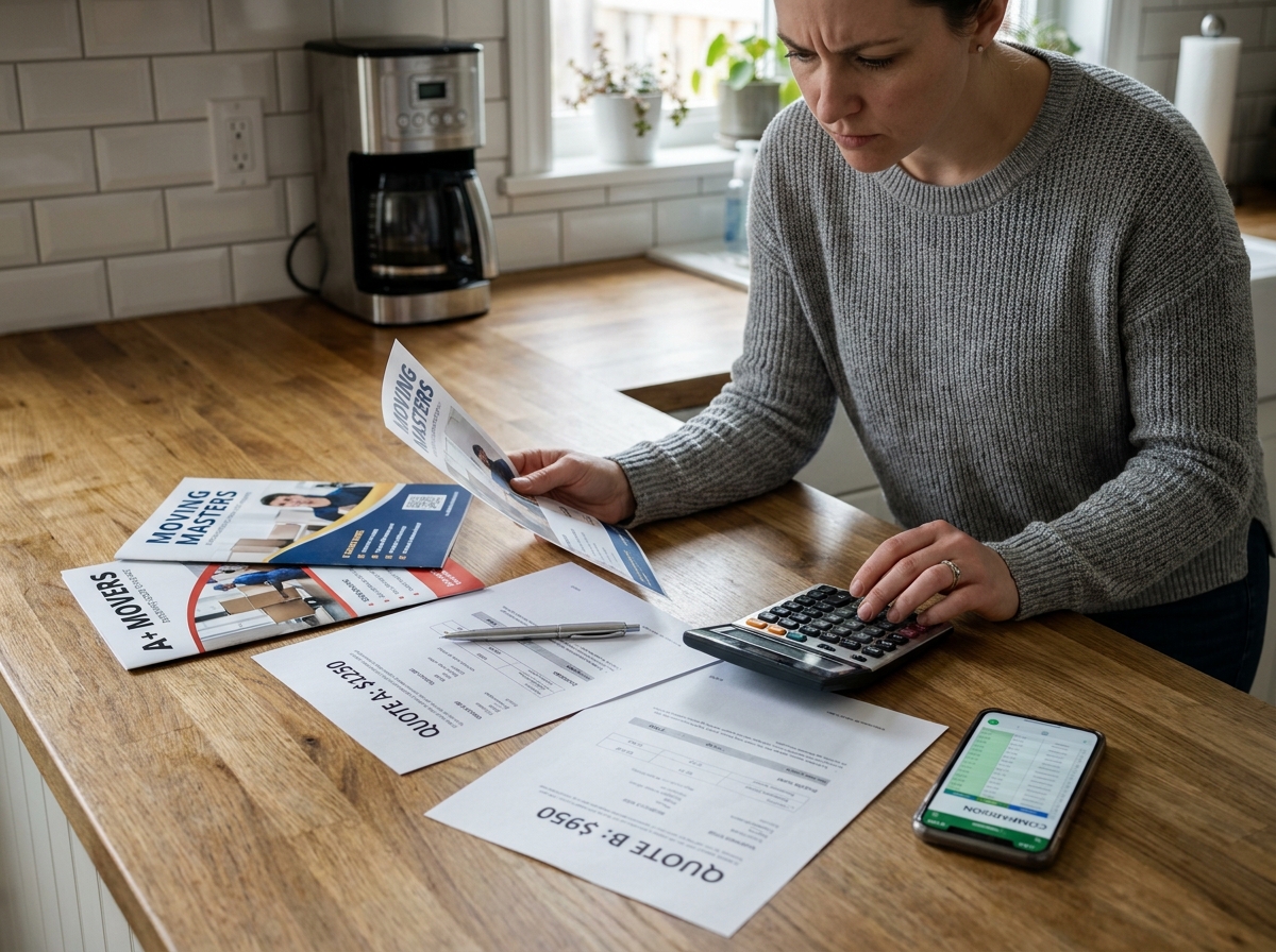 Femme comparant des devis de déménageurs sur une table de cuisine avec calculatrice et documents imprimés