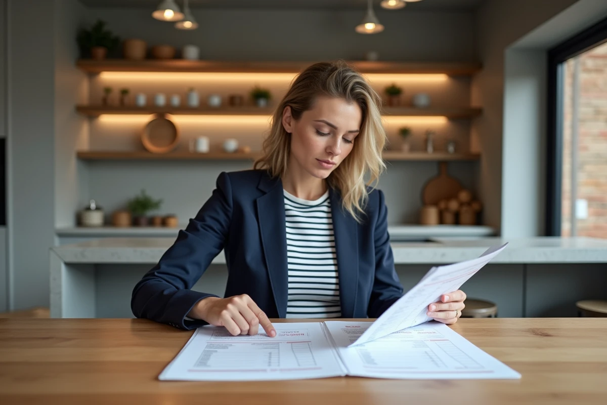 Femme comparant deux devis de plafond tendu posés sur une table de cuisine moderne pour comparer le prix au m2