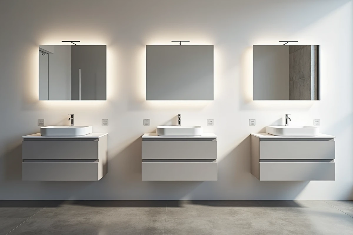 Comparaison de trois vasques salle de bain de largeurs différentes (40, 60 et 80 cm) dans un showroom pour aider à choisir la dimension minimale idéale