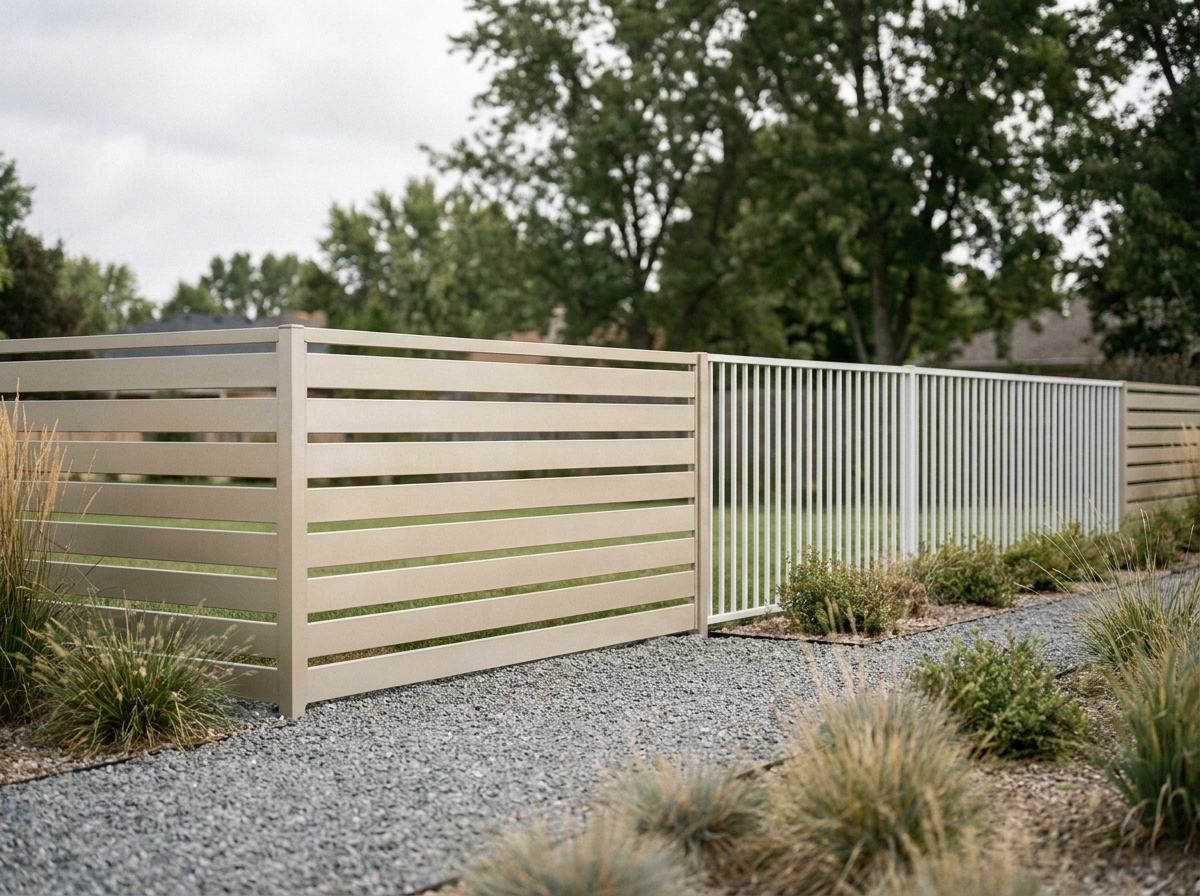 Comparaison de deux styles de clôtures aluminium sur mesure dans un jardin contemporain avec barreaux horizontaux et verticaux