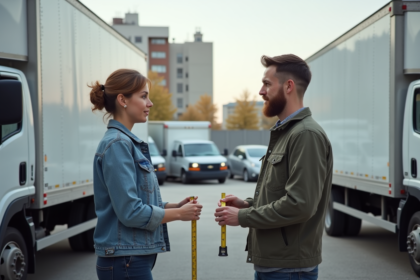 Femme et jeune homme mesurant deux camions en ville