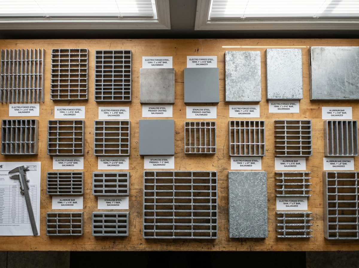 Comparatif de différents types de caillebotis métalliques posés sur un établi : acier galvanisé, inox et aluminium avec étiquettes techniques