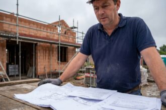 Un homme compare des devis de construction sur un chantier en Belgique avec des plans étalés sur une table en bois