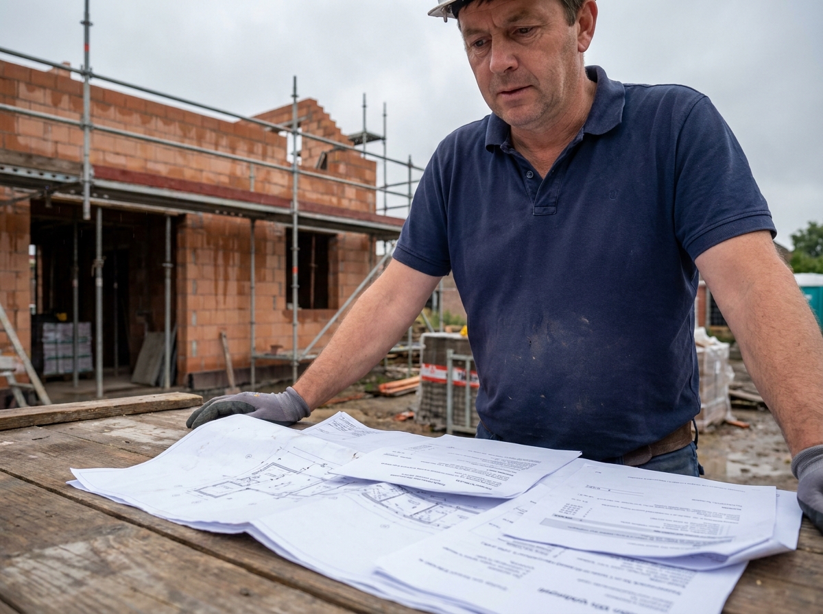 Un homme compare des devis de construction sur un chantier en Belgique avec des plans étalés sur une table en bois
