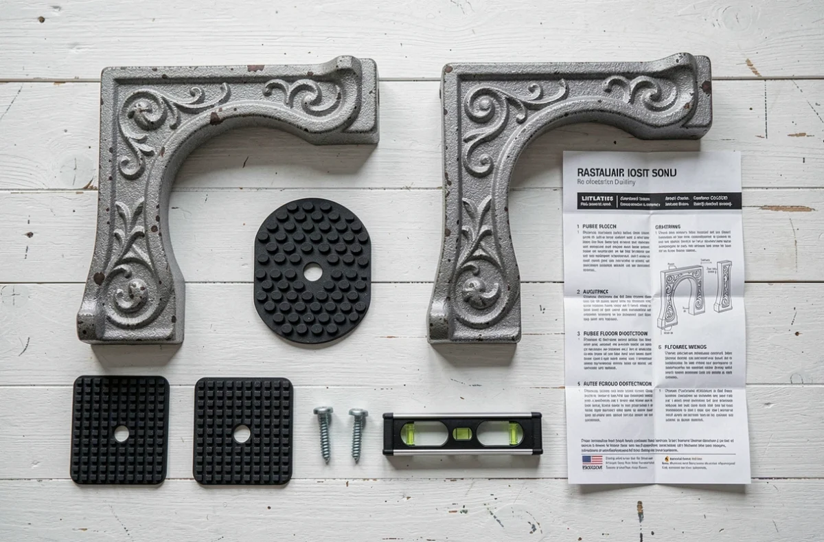 Vue à plat de tous les composants d'un kit de pied en fonte pour radiateur sans percer posés sur un établi en bois blanc