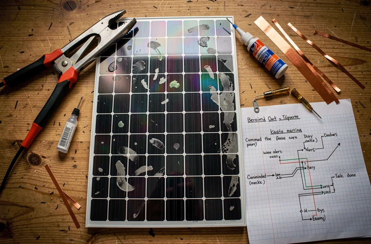 Vue aérienne d'un projet de panneau solaire fait maison avec des cellules photovoltaïques, outils de soudure et schéma de câblage sur une table en bois