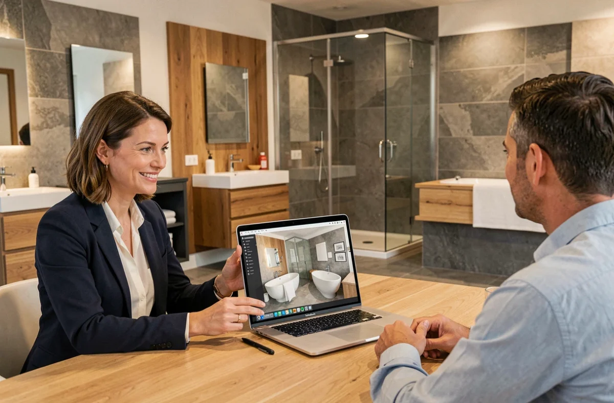 Conseillère de Confort et Bain Sarreguemines présentant un projet de salle de bain sur ordinateur portable à des clients dans un showroom de Moselle