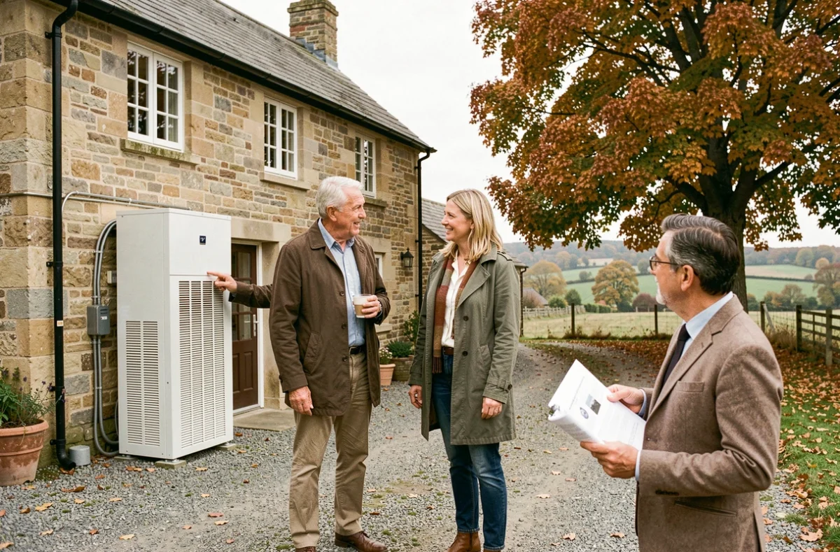 Couple de propriétaires discutant du choix de pompe à chaleur avec un conseiller énergétique devant une maison rénovée
