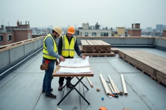 Deux ouvriers du bâtiment étudiant des plans sur un toit terrasse en cours de construction avec matériaux d'étanchéité et bardage composite