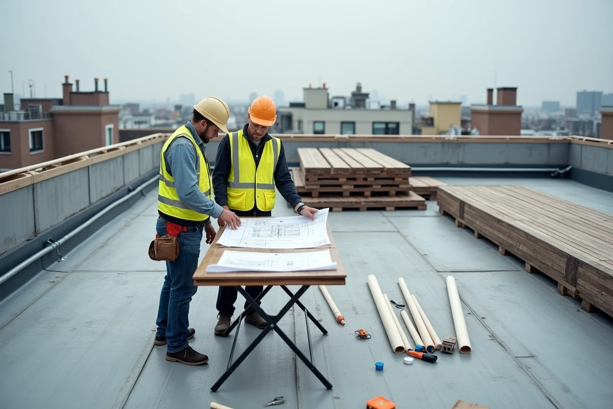 Deux ouvriers du bâtiment étudiant des plans sur un toit terrasse en cours de construction avec matériaux d'étanchéité et bardage composite