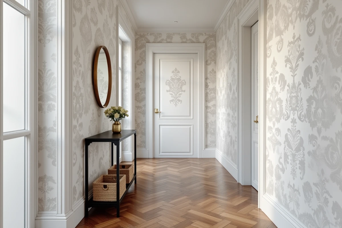 Couloir parisien avec papier peint blanc damassé et console noire, élégance intemporelle pour 2026