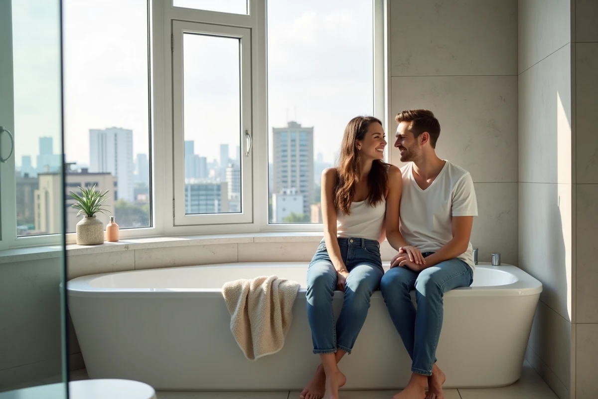 Jeune couple dans une salle de bain urbaine lumineuse