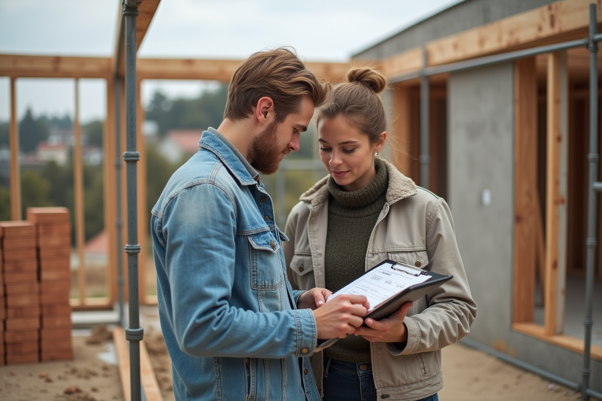 Jeune couple discutant devant une maison en construction