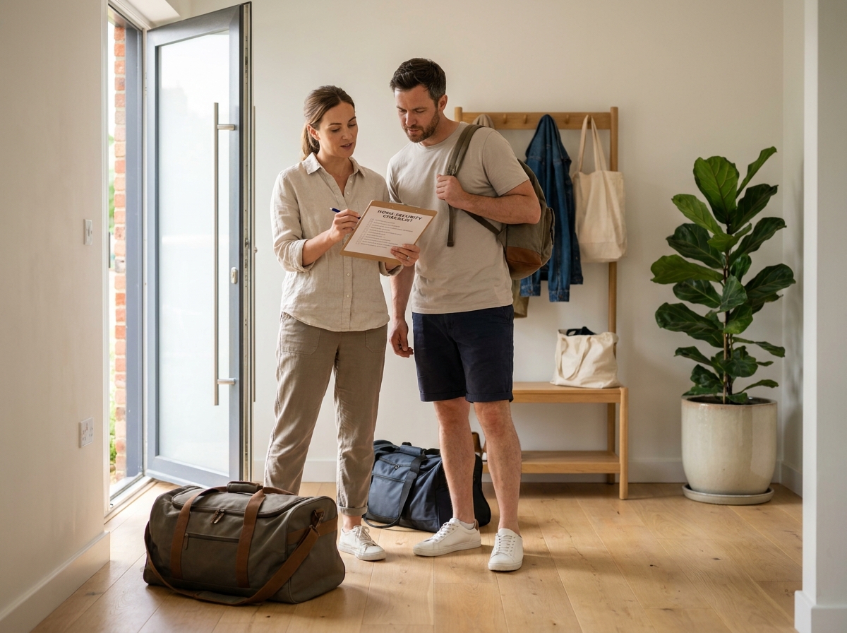 Couple consultant une liste de vérification de sécurité à domicile avant de partir en vacances avec leurs bagages