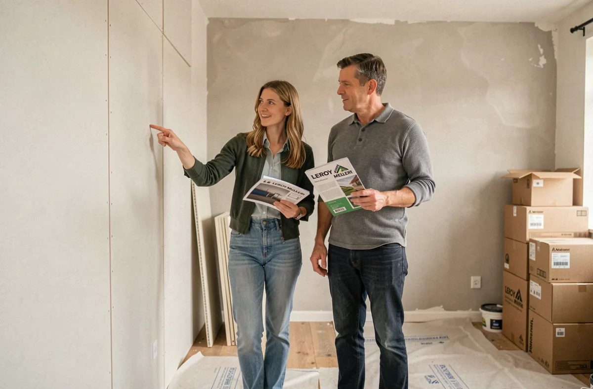 Couple discutant du choix d'un système de placo isolé dans une pièce en rénovation