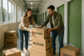 Couple organisant des cartons dans un centre de stockage moderne