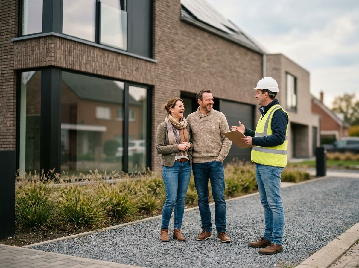 Couple belge satisfait discutant avec leur entrepreneur devant leur maison neuve moderne dans une banlieue résidentielle en Belgique