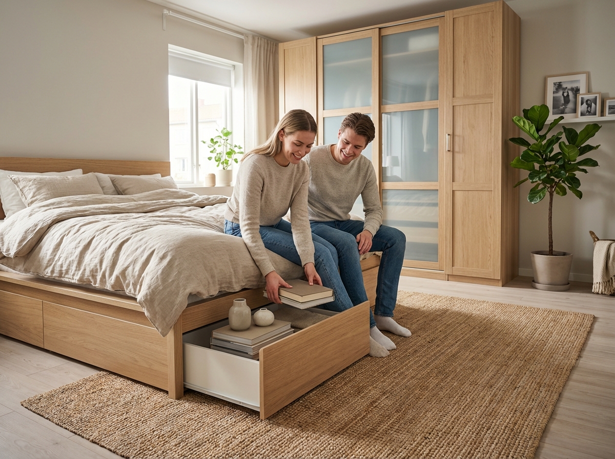 Jeune couple organisant des objets dans un lit de rangement