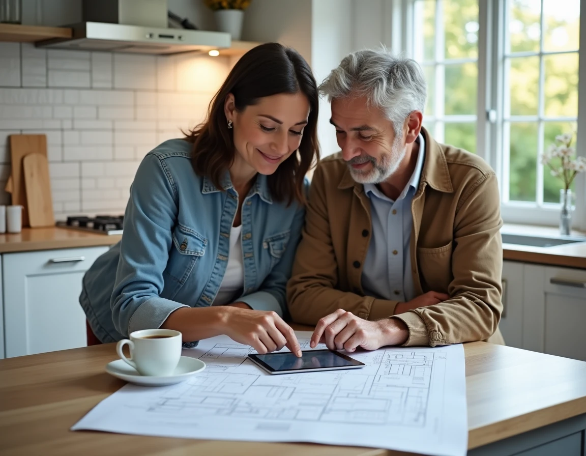 Couple étudiant les plans de leur maison et utilisant une tablette pour déposer un permis de construire en ligne