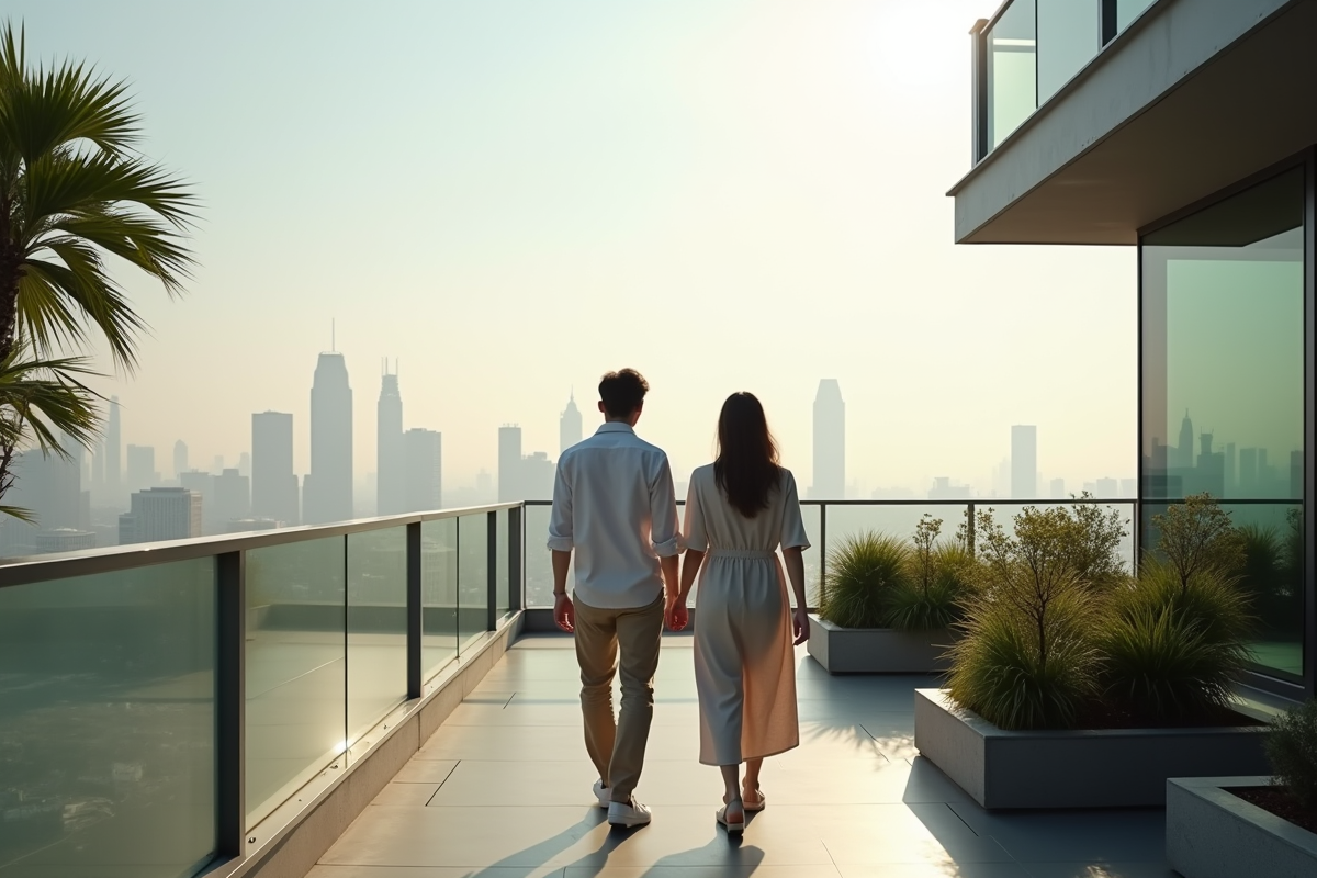 Jeune couple dans un jardin sur le toit d