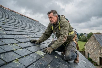 Couvreur inspectant une toiture en ardoises 32x22 sur une maison ancienne sous un ciel nuageux annonçant la pluie battante