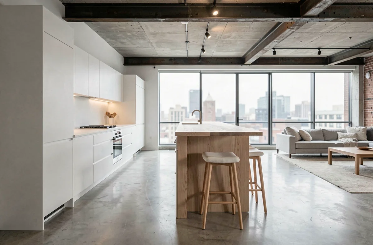 Cuisine blanche et bois intégrée dans un loft ouvert avec bar en frêne et sol en béton ciré