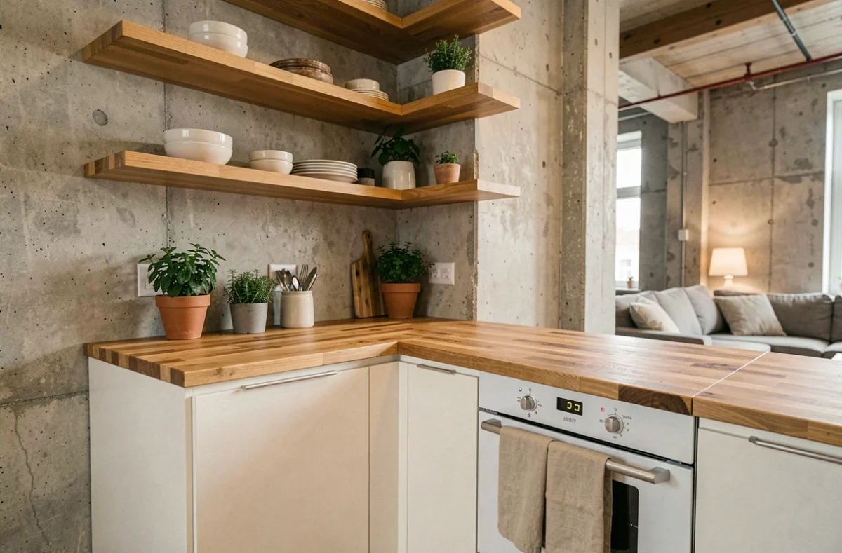 Coin cuisine de studio avec armoires blanches et étagères en chêne dans un appartement loft au style épuré