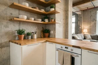 Coin cuisine de studio avec armoires blanches et étagères en chêne dans un appartement loft au style épuré
