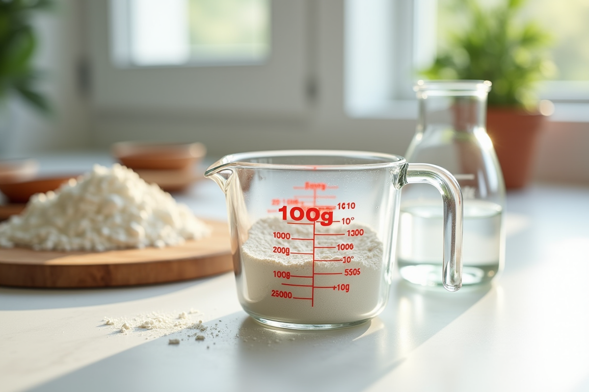 Plan de cuisine moderne avec tasse à mesurer de 100g de farine