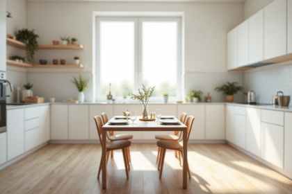 Cuisine moderne lumineuse avec table en bois et chaises minimalistes