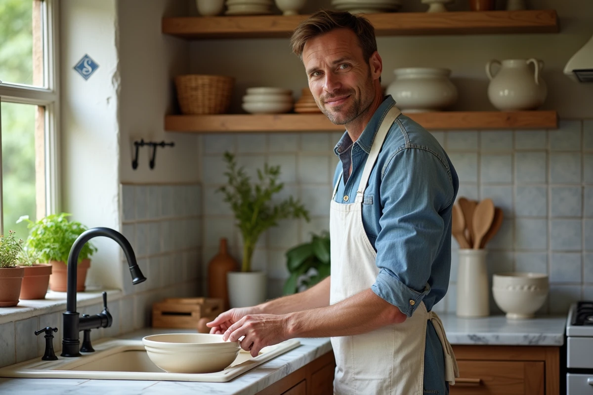 Homme organisant de la poterie artisanale dans une cuisine rustique de chaumière rénovée avec étagères ouvertes en chêne et carrelage peint à la main