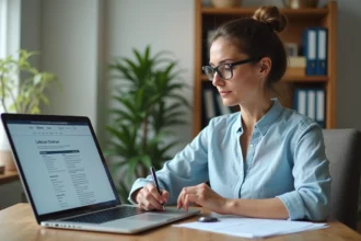 Femme remplissant une déclaration de travaux pour clôture en ligne sur son ordinateur portable à son bureau à domicile