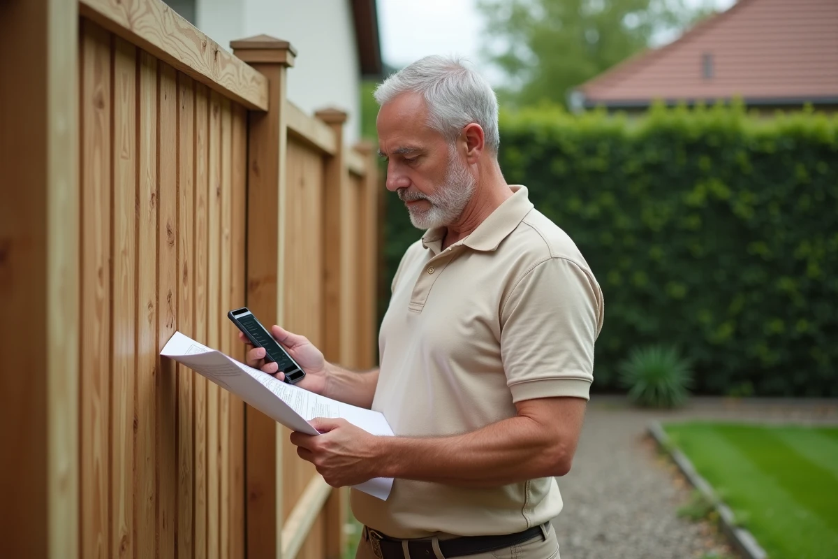 Propriétaire consultant sa déclaration de travaux pour une clôture en bois dans son jardin avec smartphone et documents imprimés