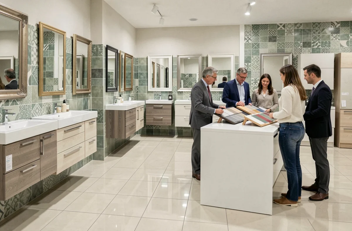 Showroom de Decor 2000 en Moselle avec présentation de meubles de salle de bain, miroirs et échantillons de carrelage