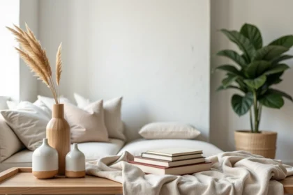 Étagère décorée style scandinave avec vases en céramique, herbes de la pampa et textiles en lin dans un salon minimaliste