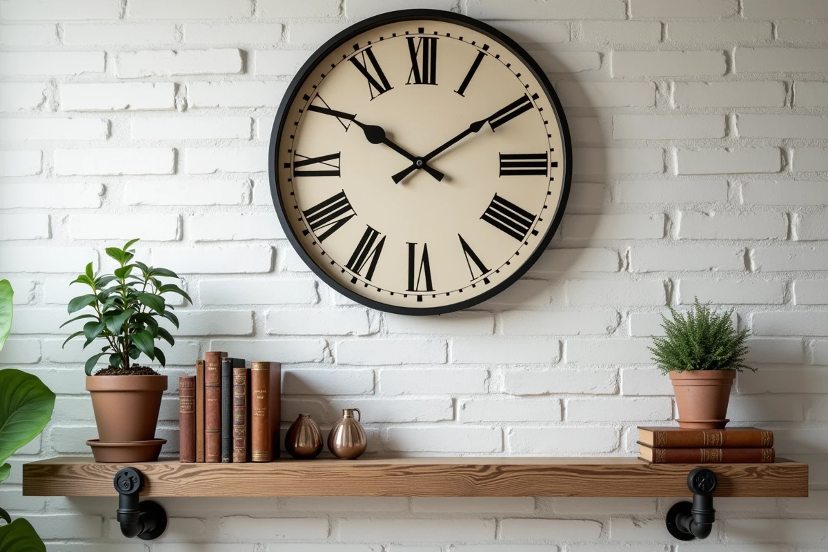 Décoration murale industrielle avec horloge métal vintage, étagères en bois brut et plantes vertes sur mur blanc texturé