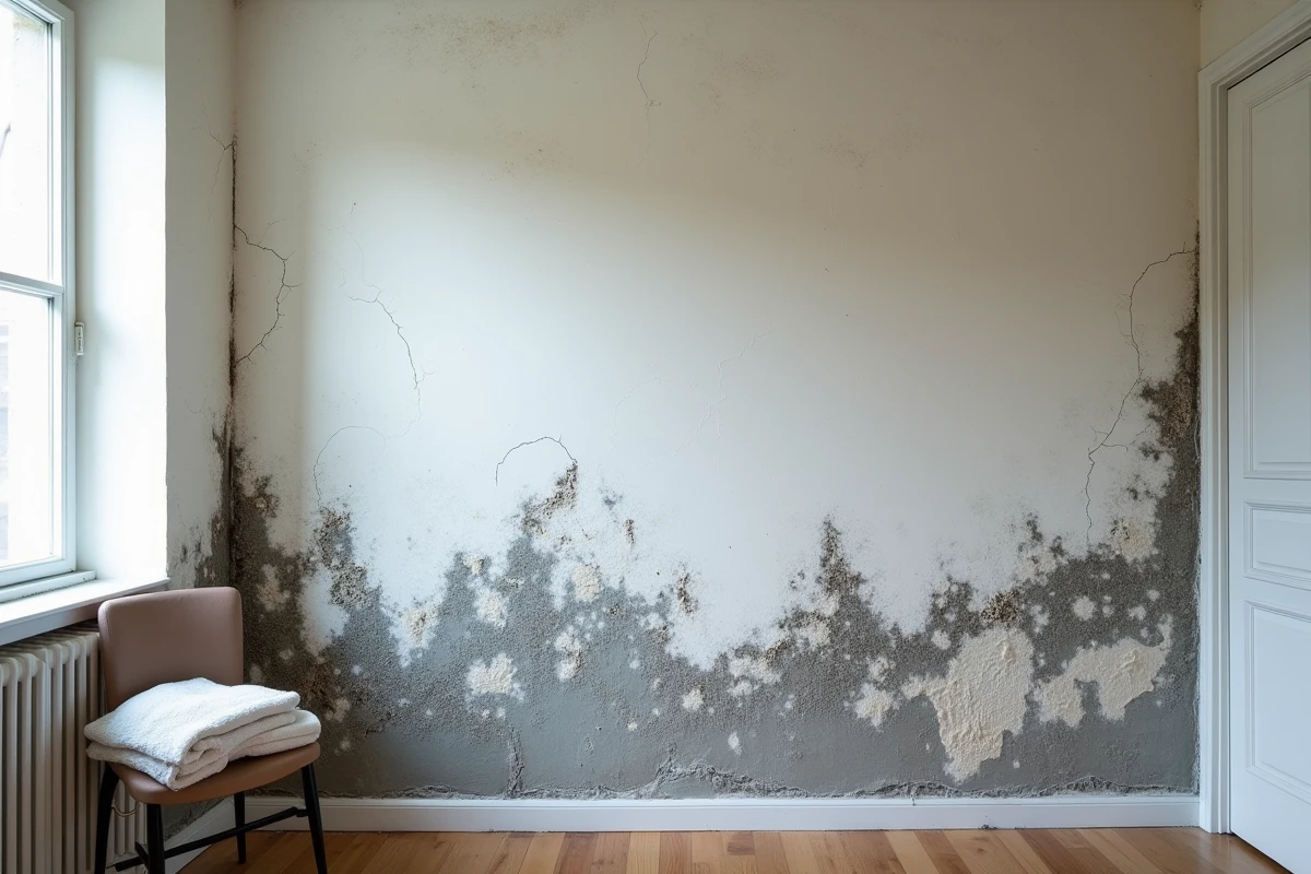 Mur de chambre avec peinture décollée et moisissures noires au plafond causées par l'humidité et les infiltrations d'eau