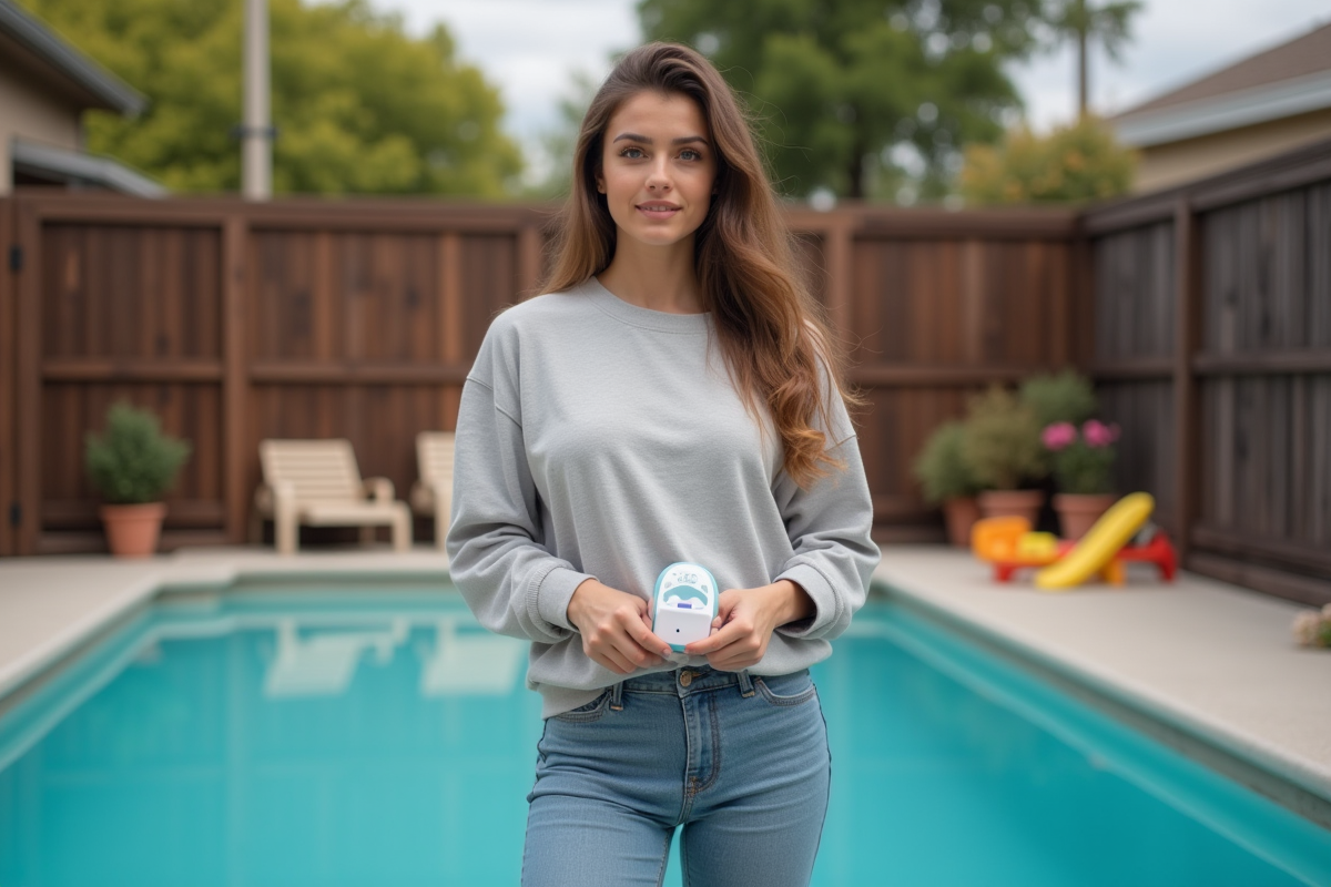 Jeune femme armant une alarme de piscine en extérieur