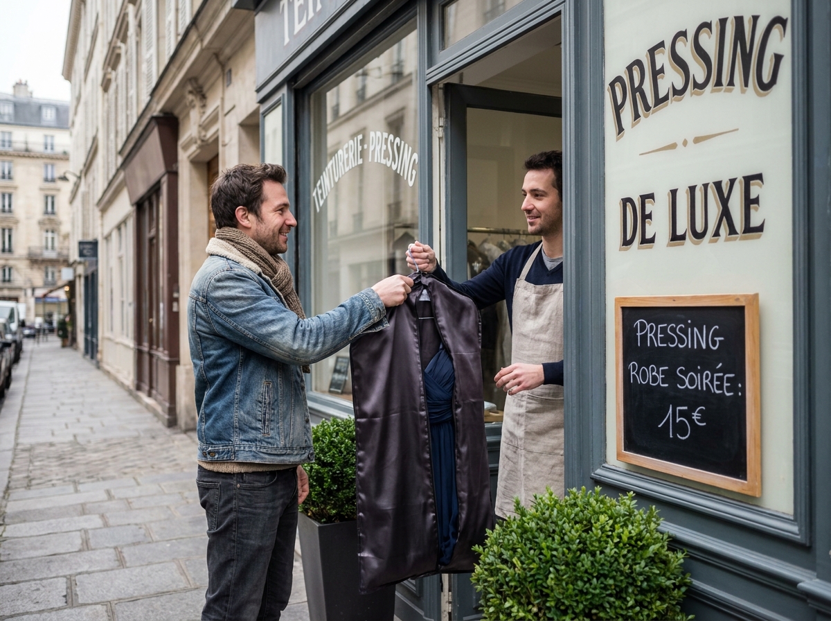 Client déposant une robe de soirée dans un pressing de quartier parisien, devanture avec ardoise de tarifs, rue haussmannienne
