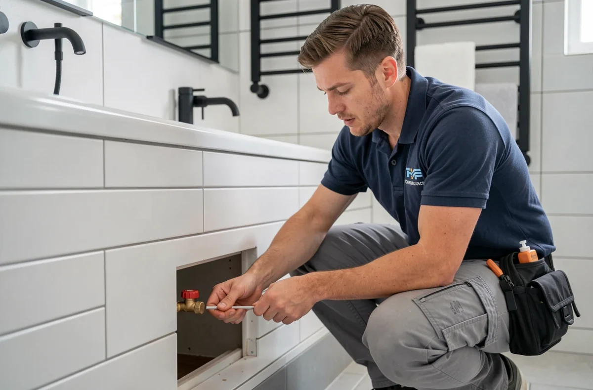 Technicien Depservice réglant une vanne thermostatique sous une baignoire encastrée dans une salle de bain moderne en Moselle